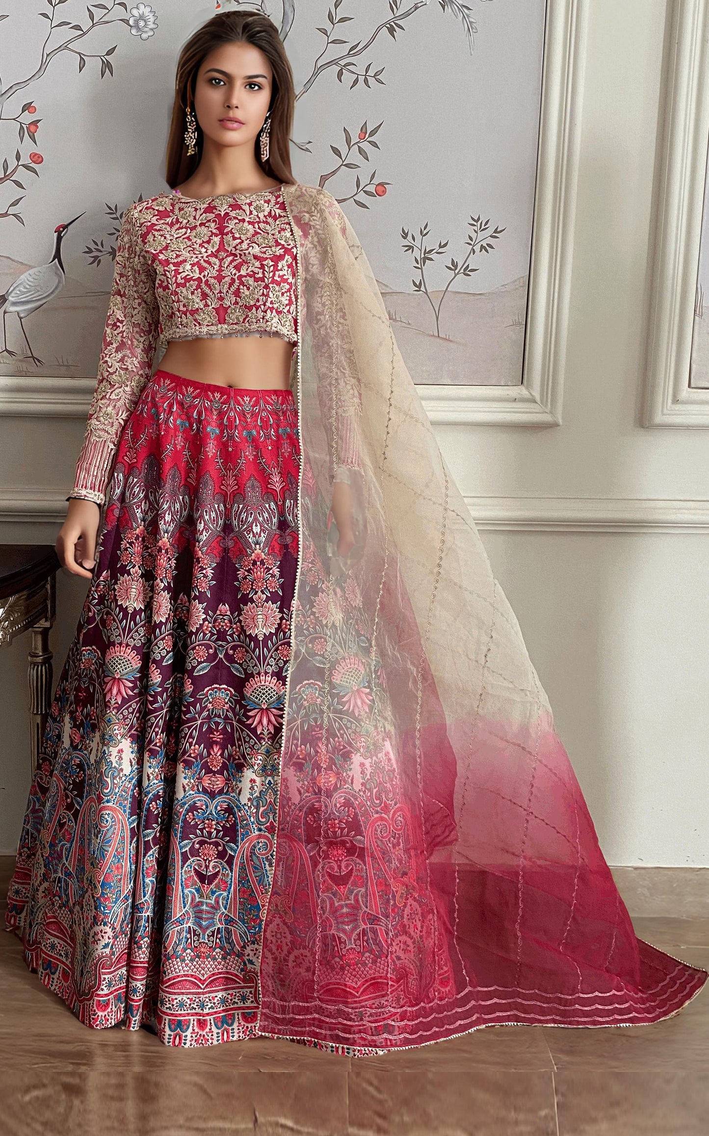 EMBROIDERED BLOUSE WITH PRINTED LEHENGA AND DUPATTA Design Code: 9099