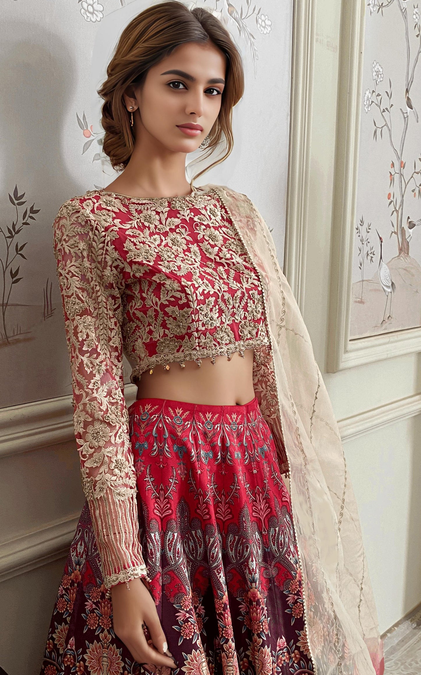 EMBROIDERED BLOUSE WITH PRINTED LEHENGA AND DUPATTA Design Code: 9099