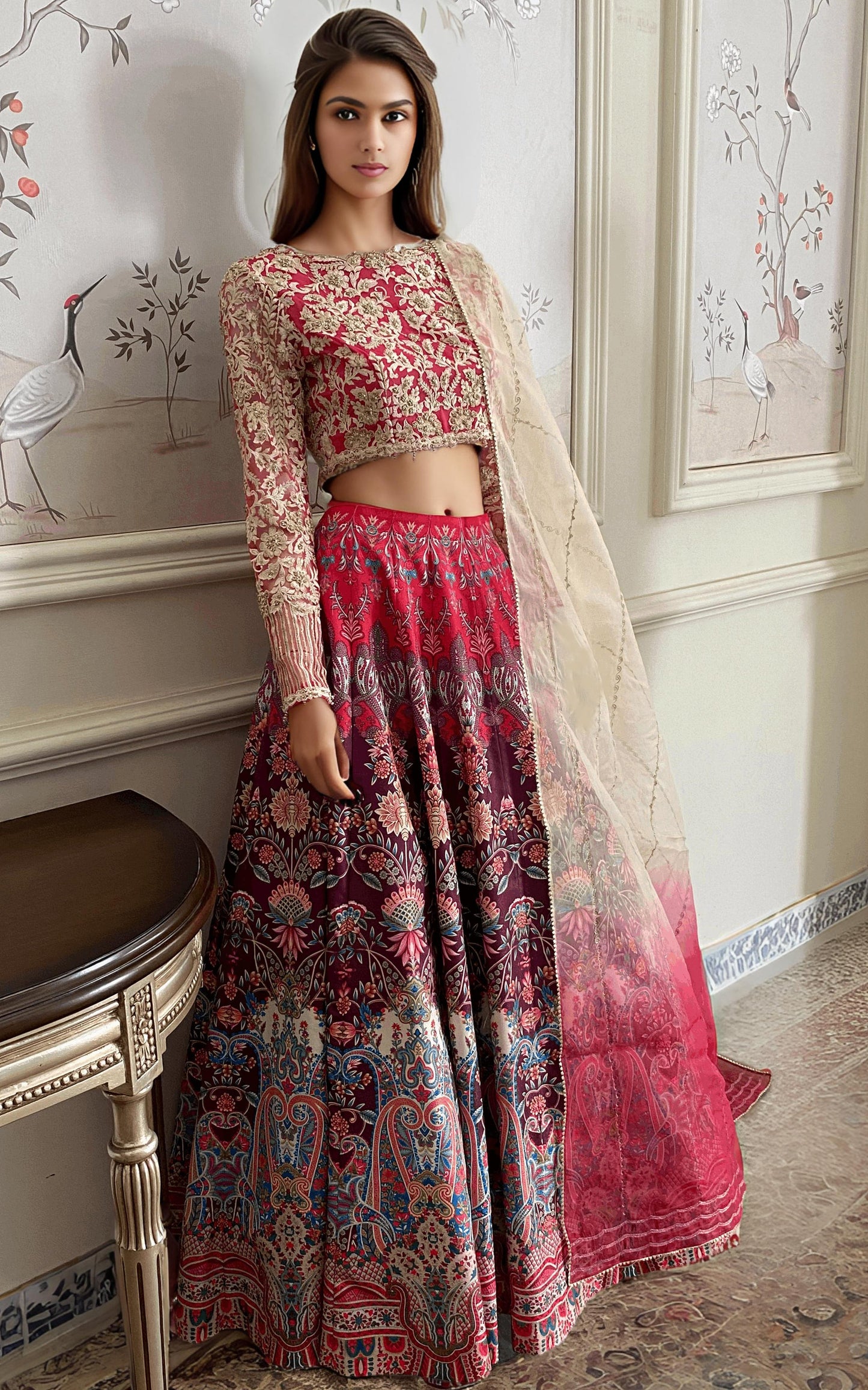 EMBROIDERED BLOUSE WITH PRINTED LEHENGA AND DUPATTA Design Code: 9099