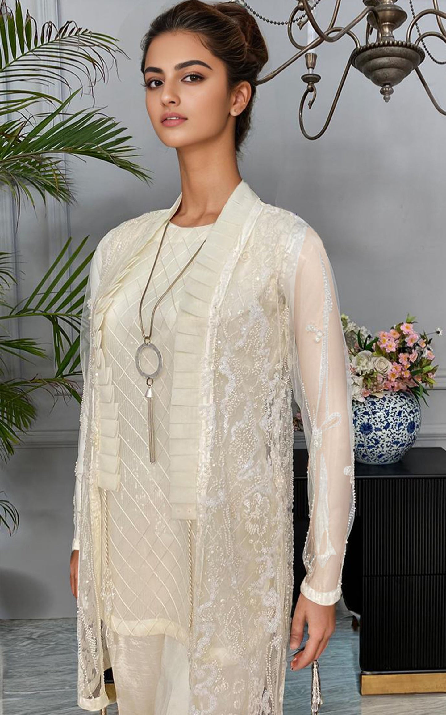 NET EMBROIDERED JACKET WITH TROUSER Design Code: 9167