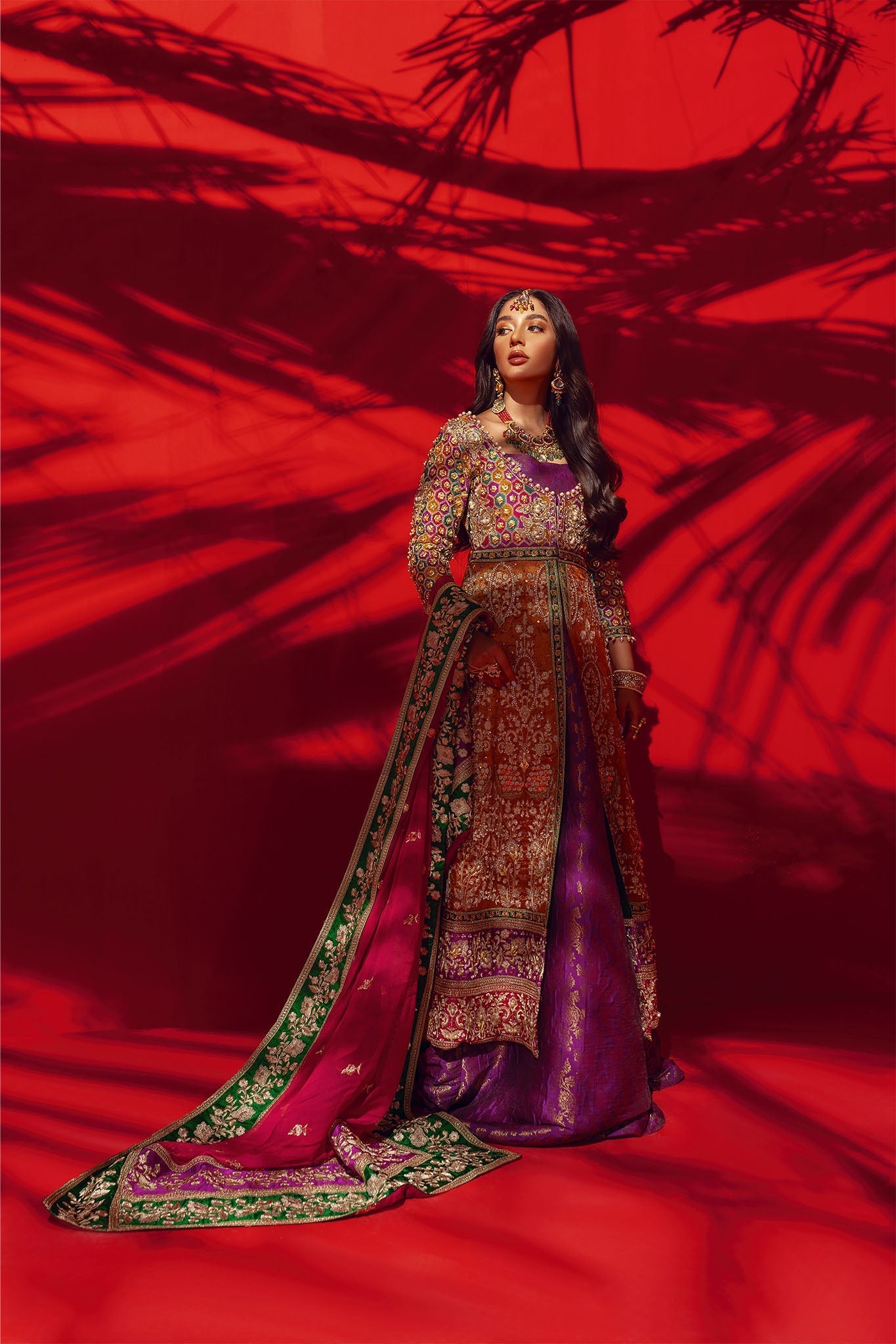 Marigold Organza Frock with Jamawar Lehenga