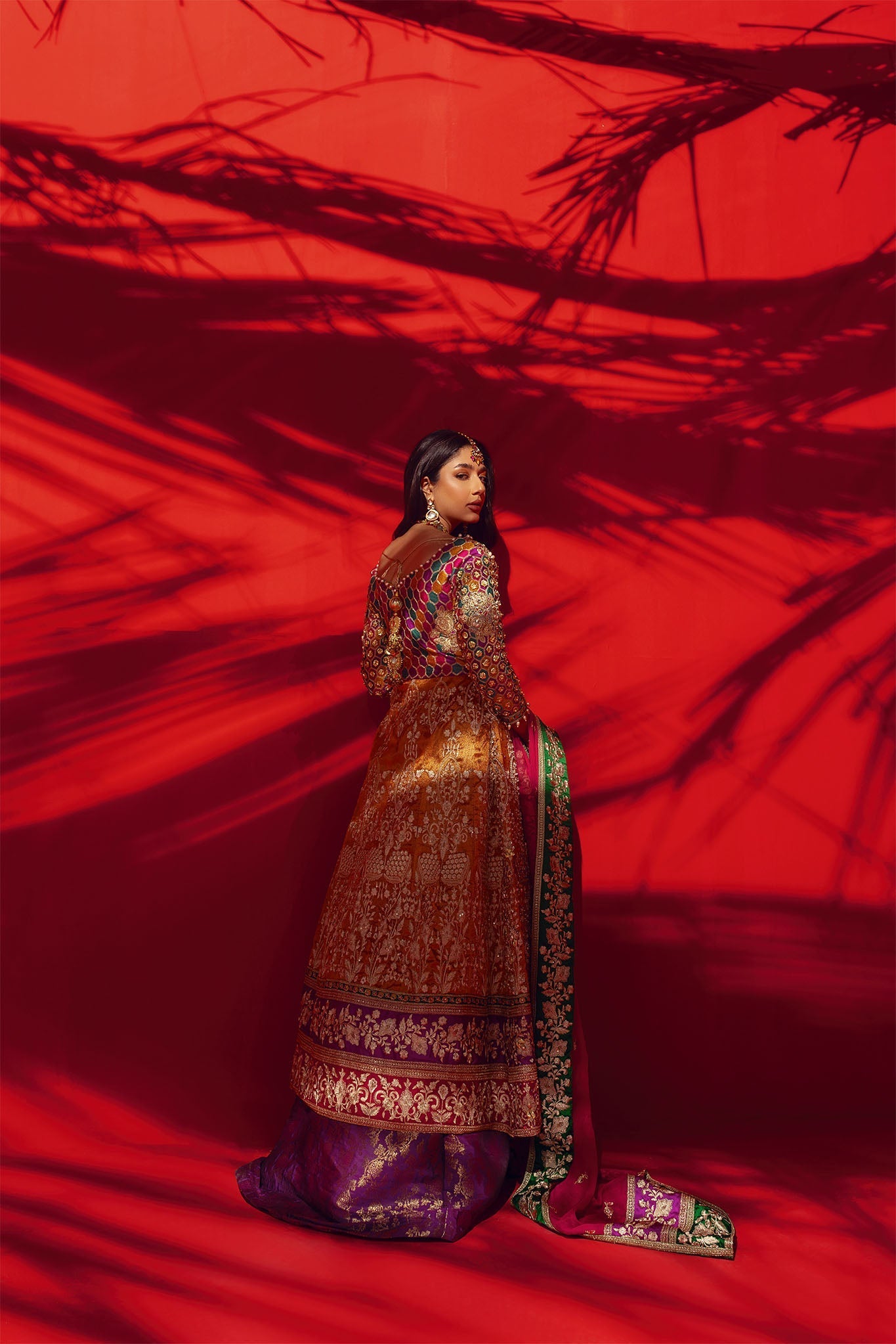 Marigold Organza Frock with Jamawar Lehenga