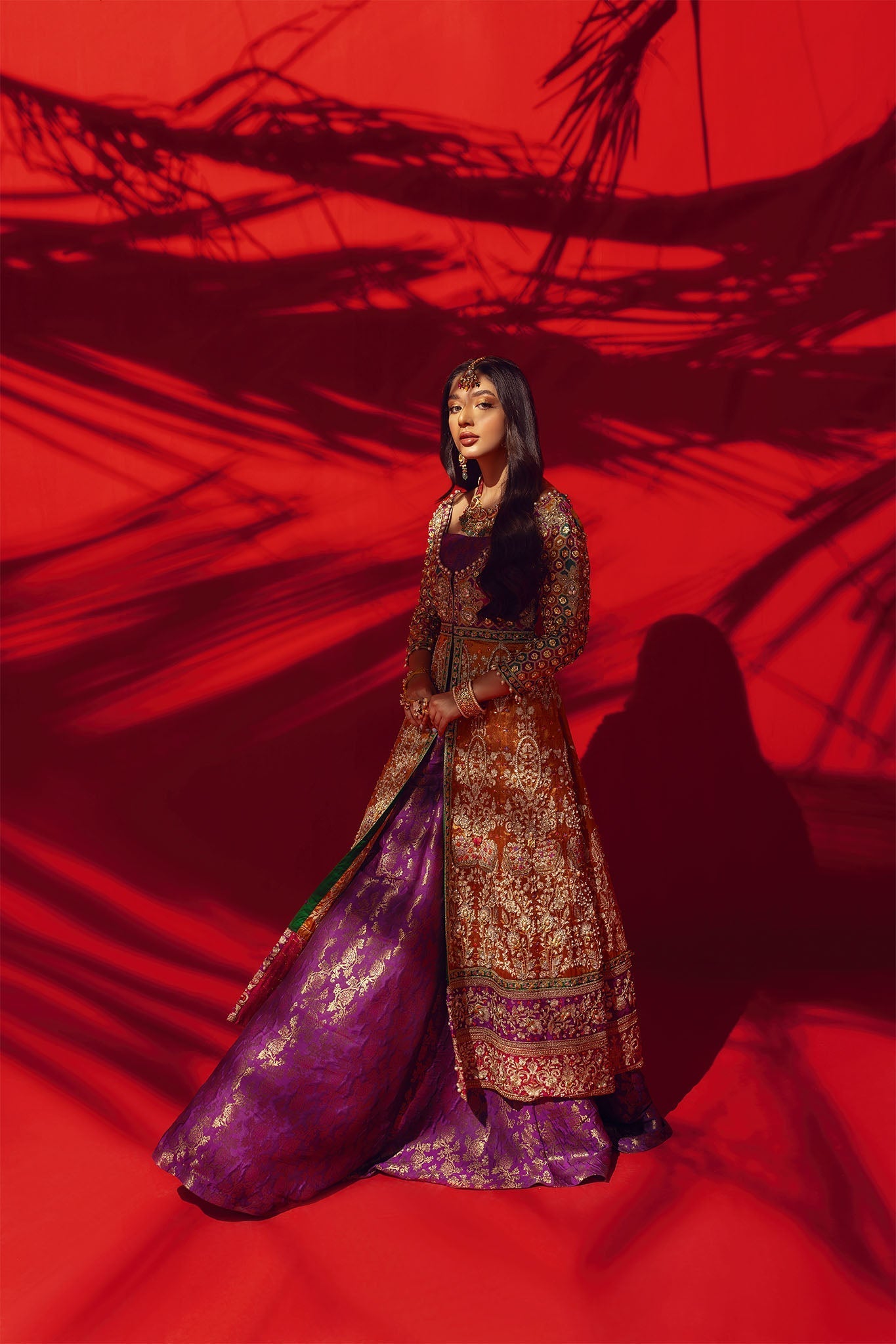 Marigold Organza Frock with Jamawar Lehenga