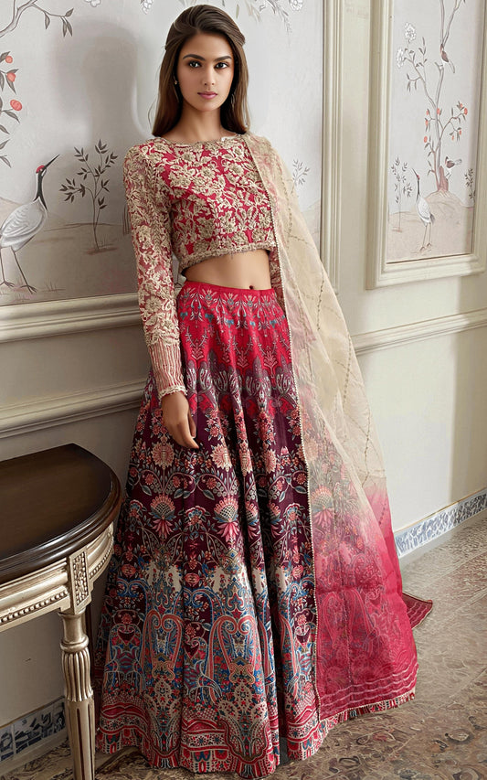 EMBROIDERED BLOUSE WITH PRINTED LEHENGA AND DUPATTA Design Code: 9099