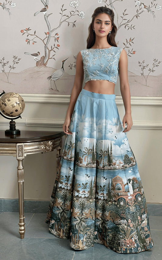EMBROIDERED BLOUSE WITH PRINTED LEHENGA AND DUPATTA Design Code: 9093