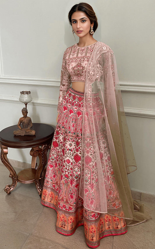 EMBROIDERED BLOUSE WITH PRINTED LEHENGA AND DUPATTA Design Code: 9101