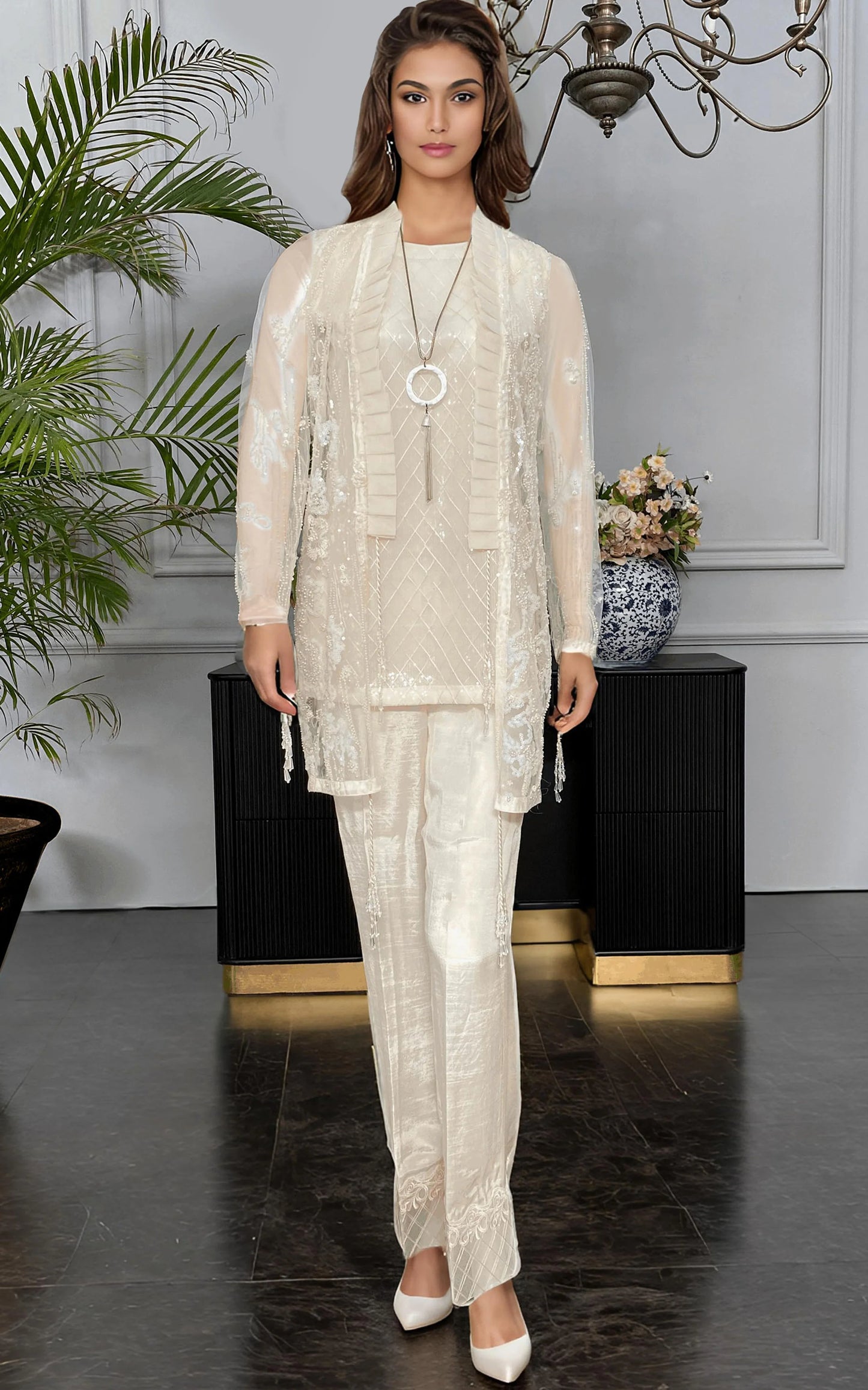 NET EMBROIDERED JACKET WITH TROUSER