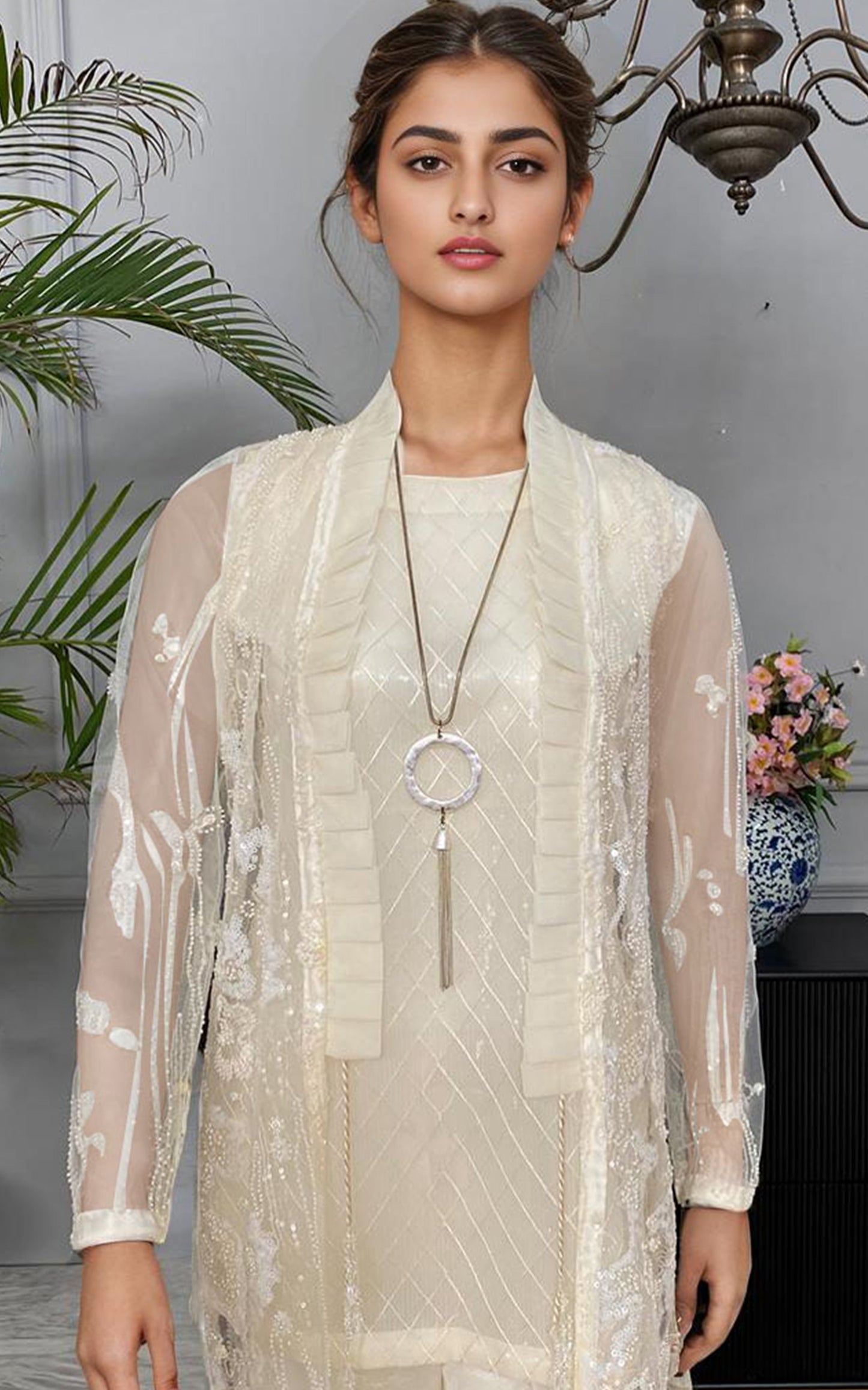 NET EMBROIDERED JACKET WITH TROUSER Design Code: 9167