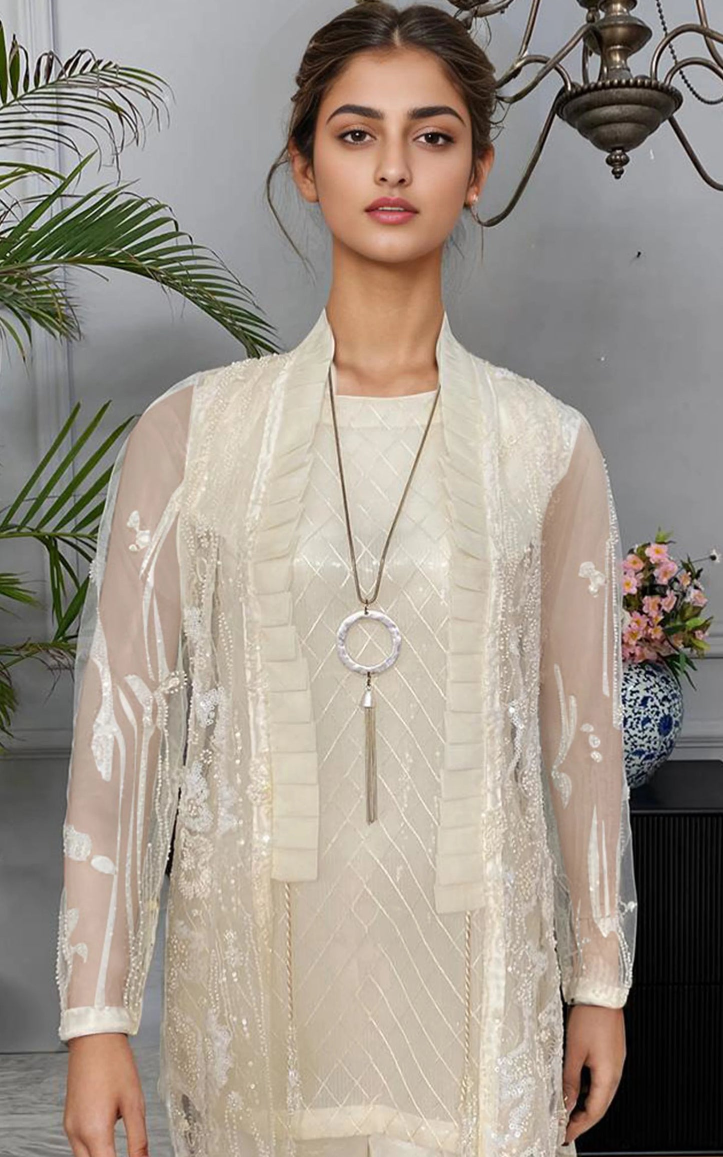 NET EMBROIDERED JACKET WITH TROUSER