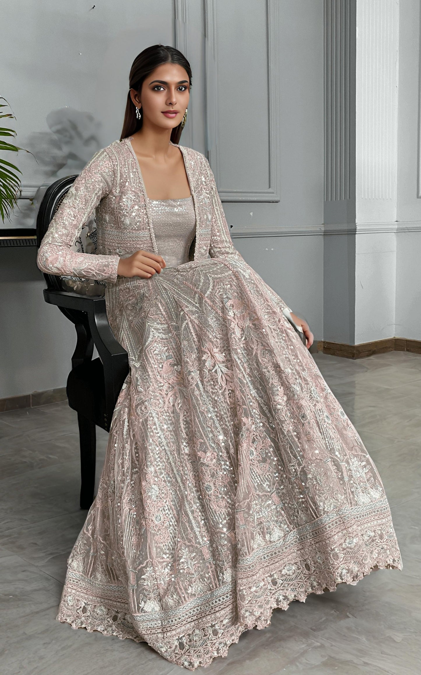 NET EMBROIDERED JACKET WITH LEHENGA Design Code: 8445