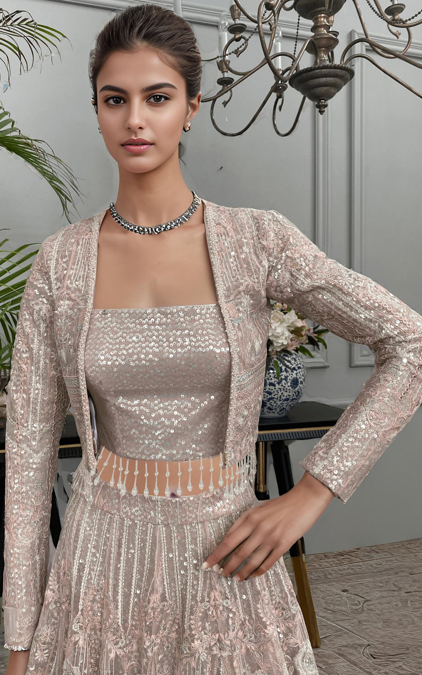 NET EMBROIDERED JACKET WITH LEHENGA Design Code: 8445