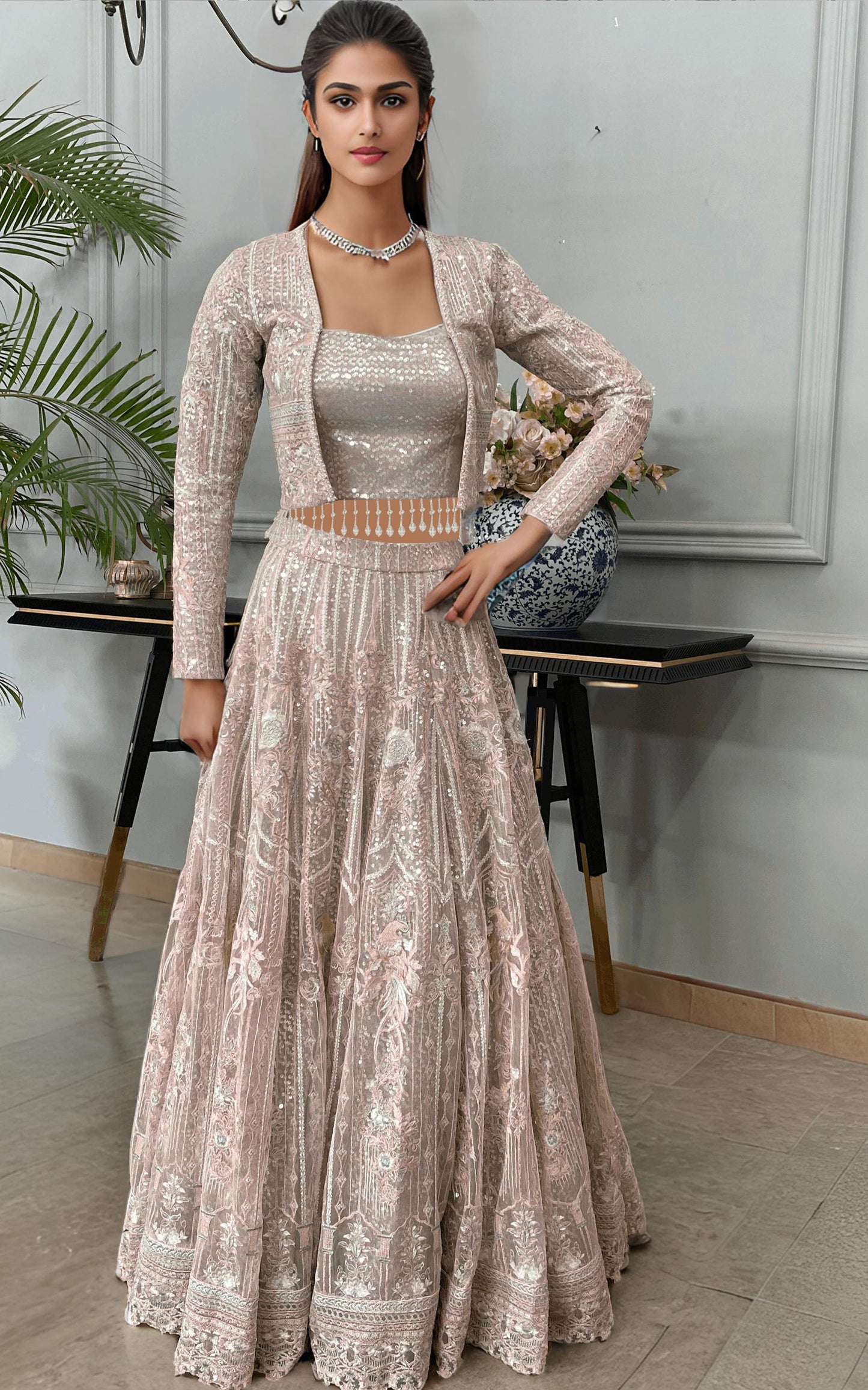NET EMBROIDERED JACKET WITH LEHENGA Design Code: 8445