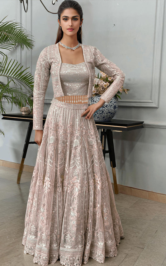 NET EMBROIDERED JACKET WITH LEHENGA Design Code: 8445