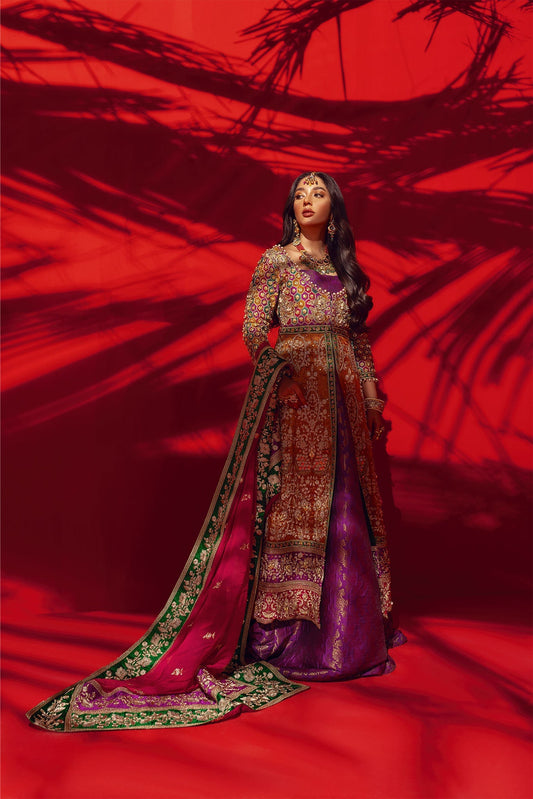 Marigold Organza Frock with Jamawar Lehenga